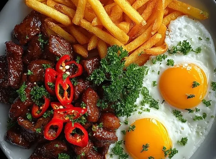 Plate of Garlic Chili Beef Bites with crispy fries and sunny-side-up eggs