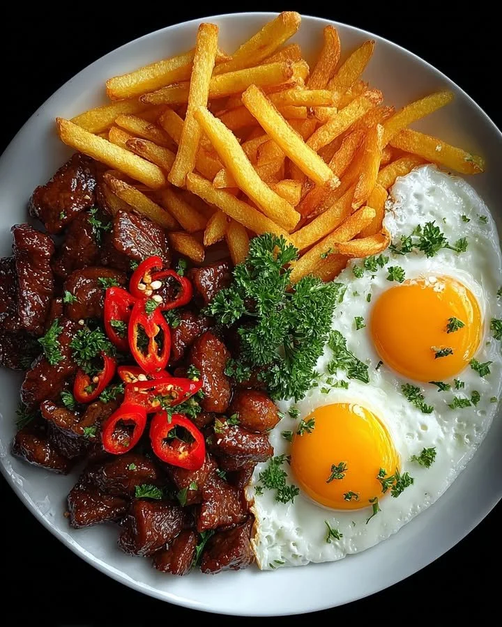 Garlic Chili Beef Bites with Fries & Sunny Eggs