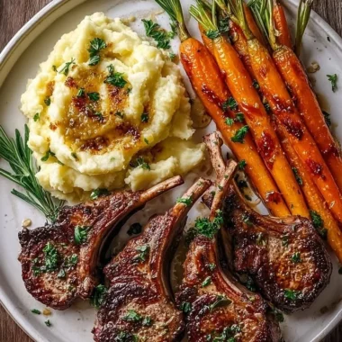 Plate of garlic rosemary lamb chops with creamy mashed potatoes and honey roasted carrots