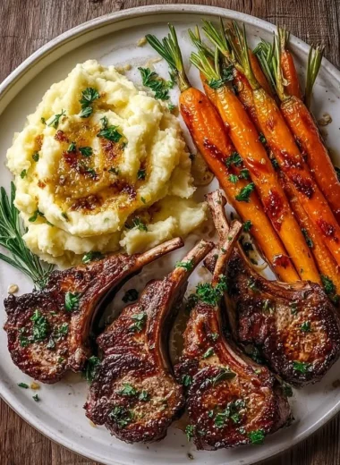 Plate of garlic rosemary lamb chops with creamy mashed potatoes and honey roasted carrots