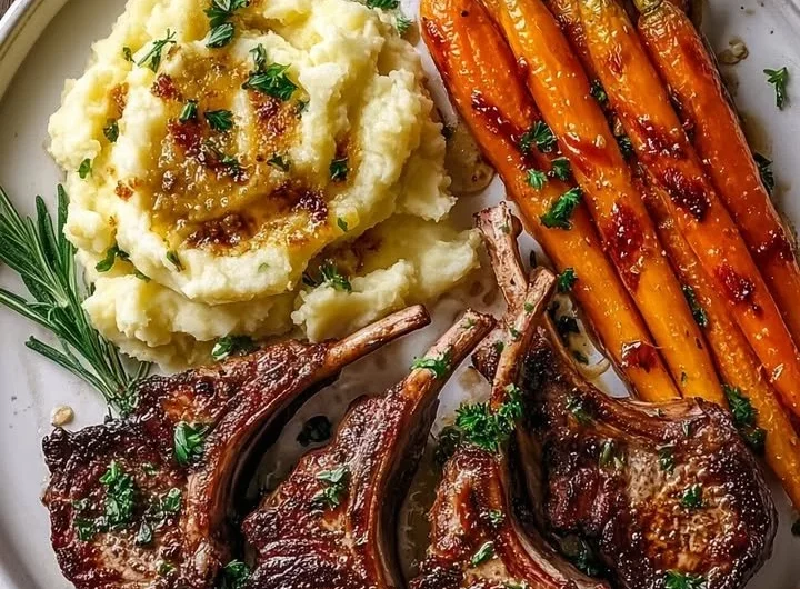 Plate of garlic rosemary lamb chops with creamy mashed potatoes and honey roasted carrots