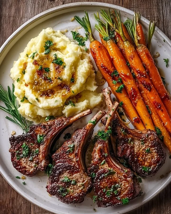 Plate of garlic rosemary lamb chops with creamy mashed potatoes and honey roasted carrots