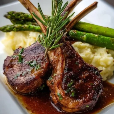 Garlic rosemary lamb chops served with mashed potatoes and asparagus