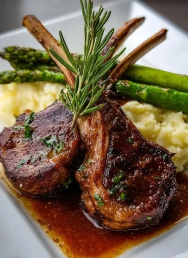 Garlic rosemary lamb chops served with mashed potatoes and asparagus