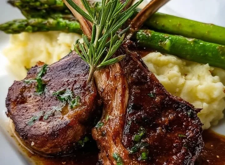 Garlic rosemary lamb chops served with mashed potatoes and asparagus