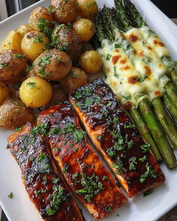 Glazed Salmon with Baby Potatoes & Cheesy Asparagus