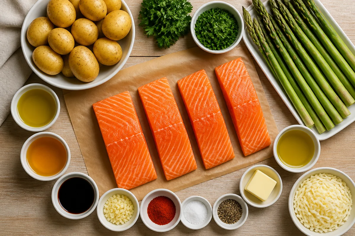 Glazed Salmon with Baby Potatoes & Cheesy Asparagus