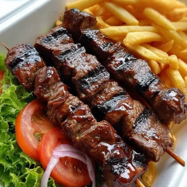 Grilled beef skewers served with crispy fries on a barbecue platter.