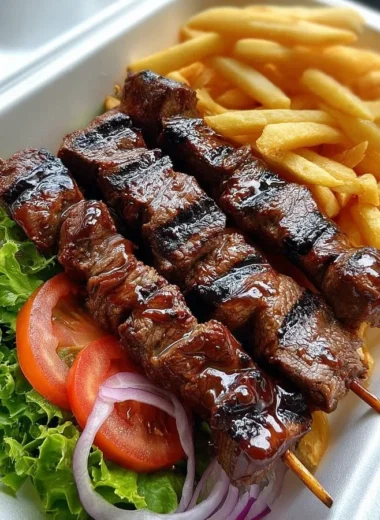 Grilled beef skewers served with crispy fries on a barbecue platter.