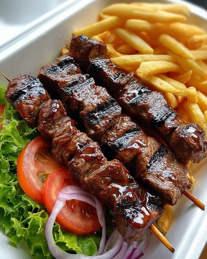 Grilled beef skewers served with crispy fries on a barbecue platter.