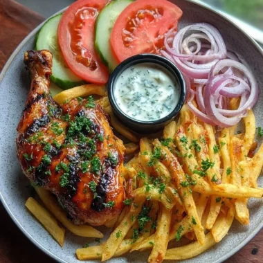 Grilled chicken and fries plate with garlic herb sauce on a rustic table