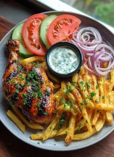 Grilled chicken and fries plate with garlic herb sauce on a rustic table