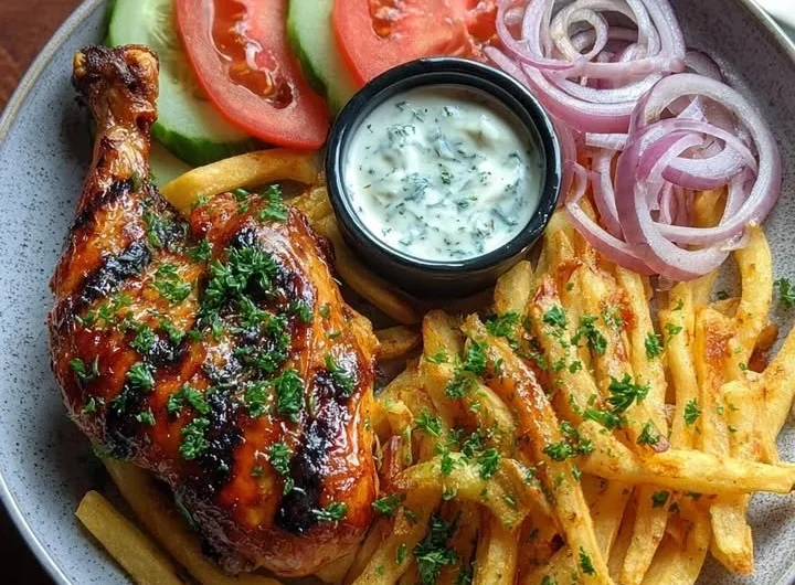 Grilled chicken and fries plate with garlic herb sauce on a rustic table