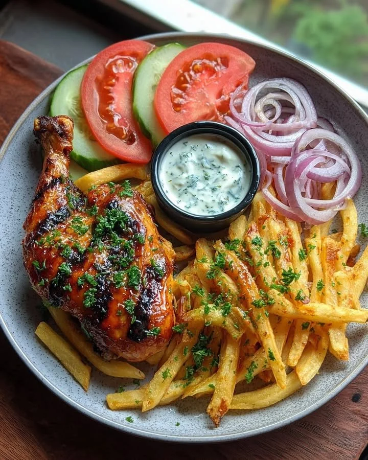 Grilled Chicken & Fries Plate with Garlic Herb Sauce