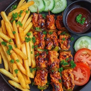 Delicious grilled chicken kebabs served with seasoned fries and BBQ dipping sauce.