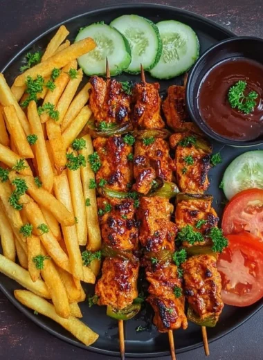 Delicious grilled chicken kebabs served with seasoned fries and BBQ dipping sauce.