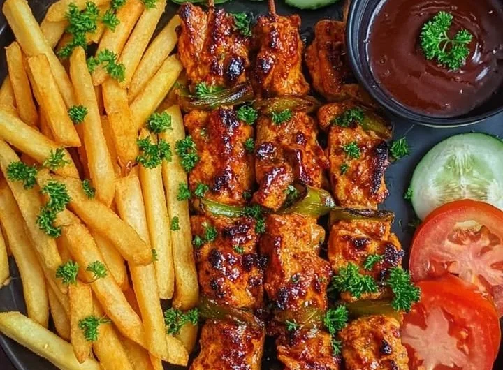 Delicious grilled chicken kebabs served with seasoned fries and BBQ dipping sauce.