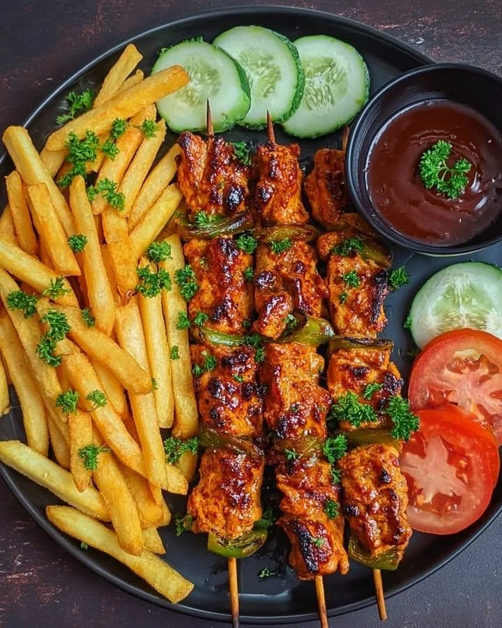 Delicious grilled chicken kebabs served with seasoned fries and BBQ dipping sauce.