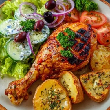Grilled chicken leg served with roasted potatoes and fresh garden salad