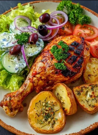 Grilled chicken leg served with roasted potatoes and fresh garden salad