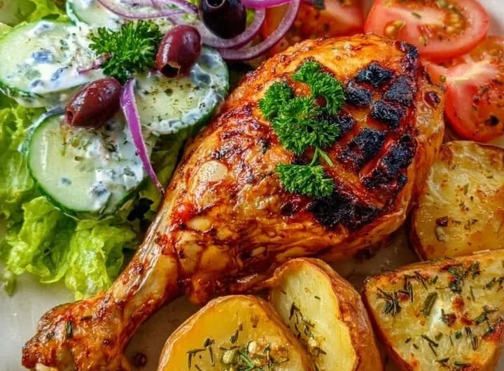 Grilled chicken leg served with roasted potatoes and fresh garden salad
