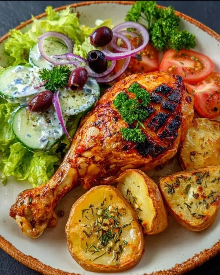 Grilled chicken leg served with roasted potatoes and fresh garden salad