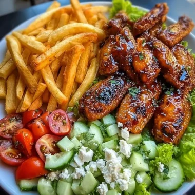 Plate of grilled chicken wings with fries and fresh salad