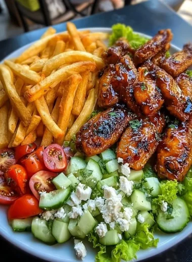 Plate of grilled chicken wings with fries and fresh salad