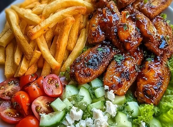 Plate of grilled chicken wings with fries and fresh salad