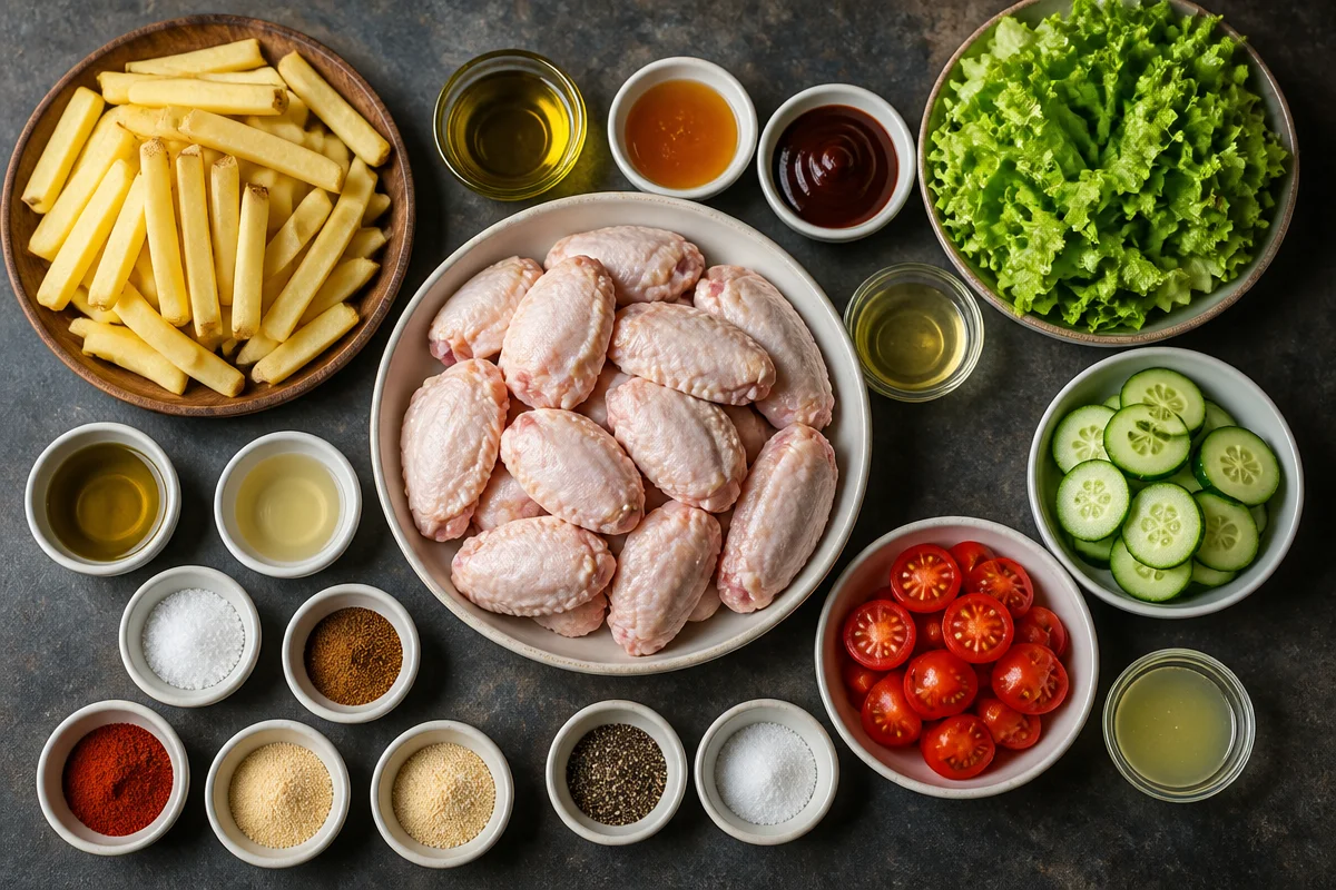 Grilled Chicken Wings Plate with Fries & Fresh Salad