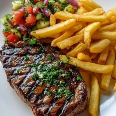 Grilled ribeye steak served with French fries and Mediterranean tomato salad.