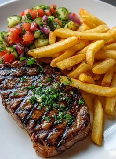 Grilled ribeye steak served with French fries and Mediterranean tomato salad.