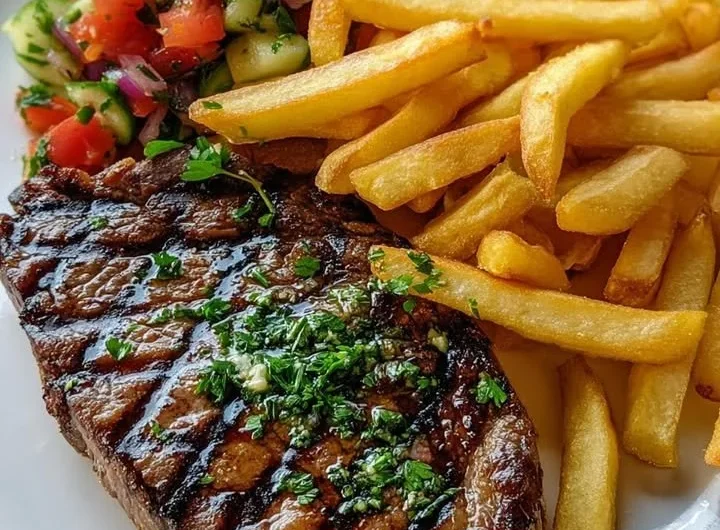 Grilled ribeye steak served with French fries and Mediterranean tomato salad.