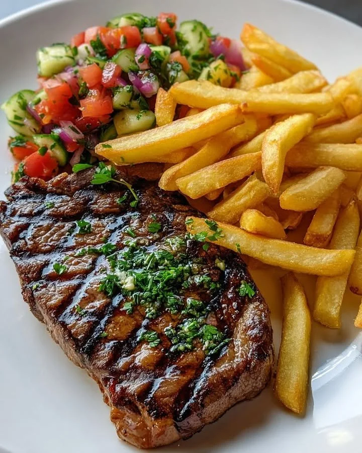 Grilled ribeye steak served with French fries and Mediterranean tomato salad.