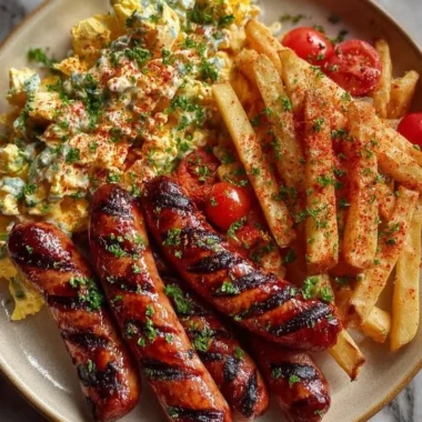 Plate of grilled sausages, seasoned fries, and creamy egg salad served together
