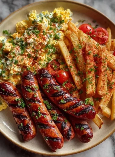 Plate of grilled sausages, seasoned fries, and creamy egg salad served together