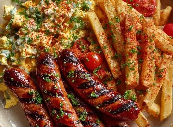 Plate of grilled sausages, seasoned fries, and creamy egg salad served together