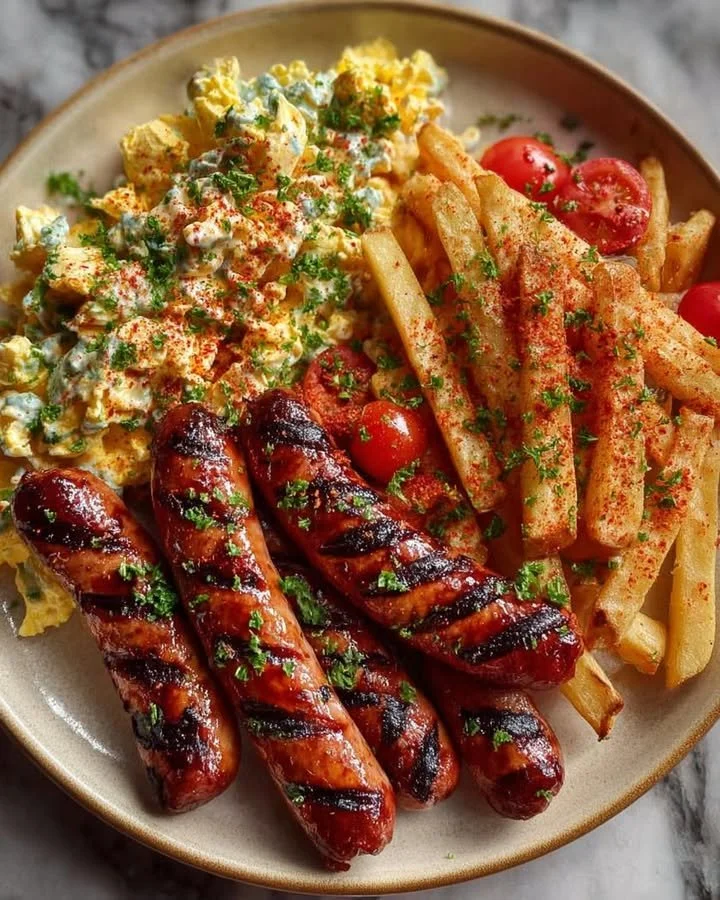 Grilled Sausages, Seasoned Fries & Creamy Egg Salad