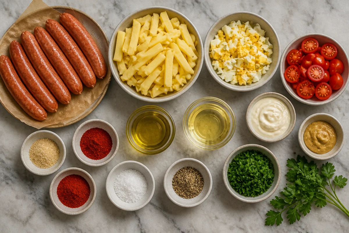 Grilled Sausages, Seasoned Fries & Creamy Egg Salad
