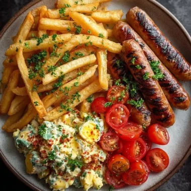 Delicious grilled sausages served with crispy fries and creamy potato salad