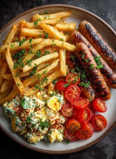 Delicious grilled sausages served with crispy fries and creamy potato salad