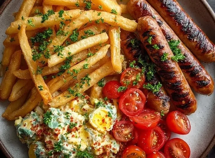 Delicious grilled sausages served with crispy fries and creamy potato salad