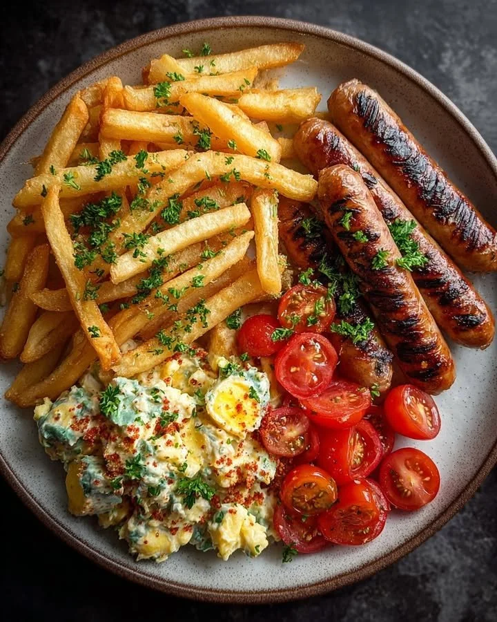 Delicious grilled sausages served with crispy fries and creamy potato salad