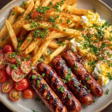 Plate of grilled sausages with seasoned fries and creamy egg salad