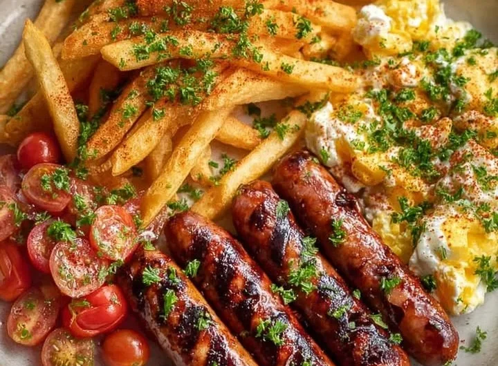 Plate of grilled sausages with seasoned fries and creamy egg salad