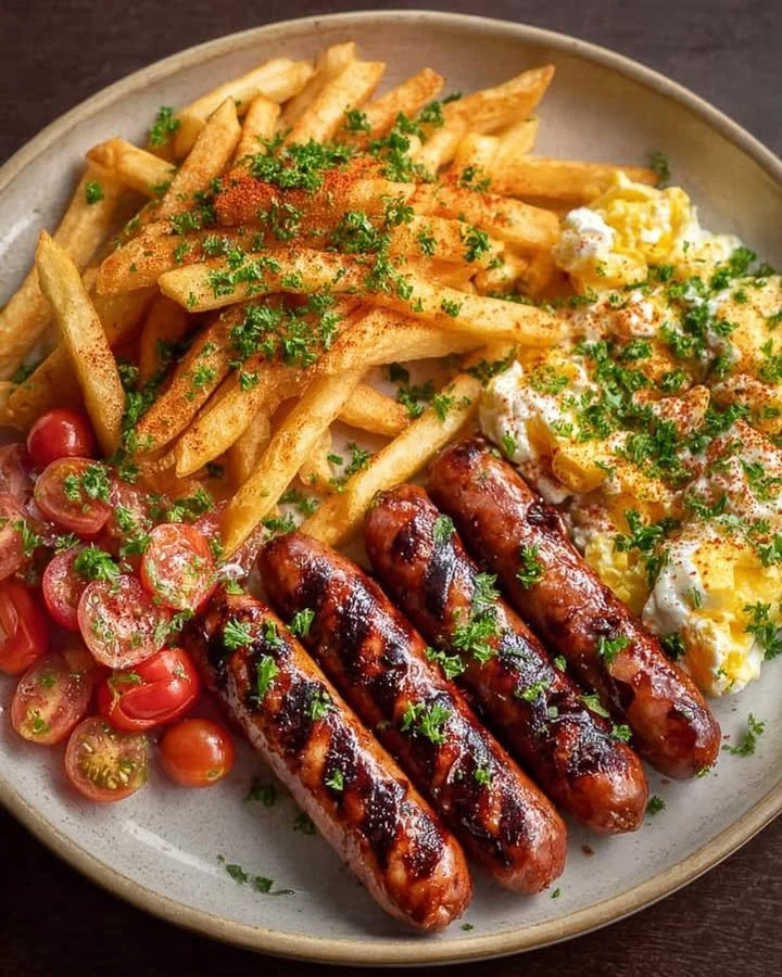 Grilled Sausages with Seasoned Fries & Creamy Egg Salad