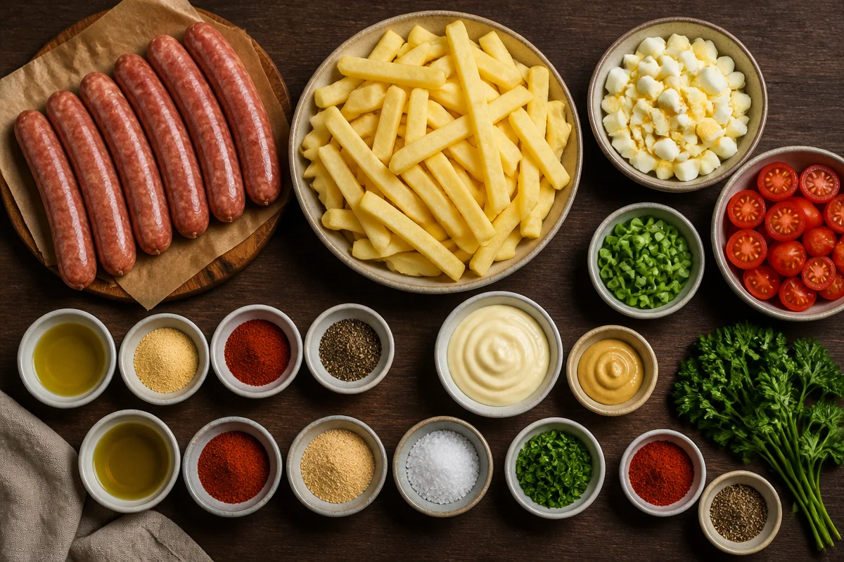 Grilled Sausages with Seasoned Fries & Creamy Egg Salad