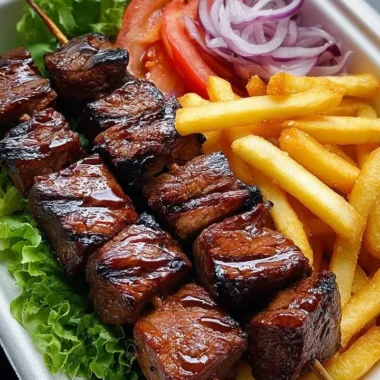 Grilled steak skewers served with crispy fries and a fresh side salad.