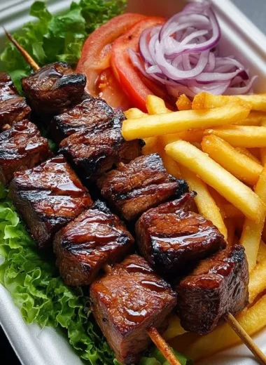Grilled steak skewers served with crispy fries and a fresh side salad.