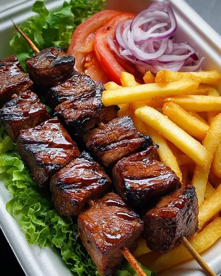 Grilled steak skewers served with crispy fries and a fresh side salad.